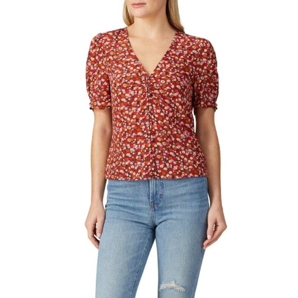 Madewell Rust Floral V-Neck Puff Sleeve Top